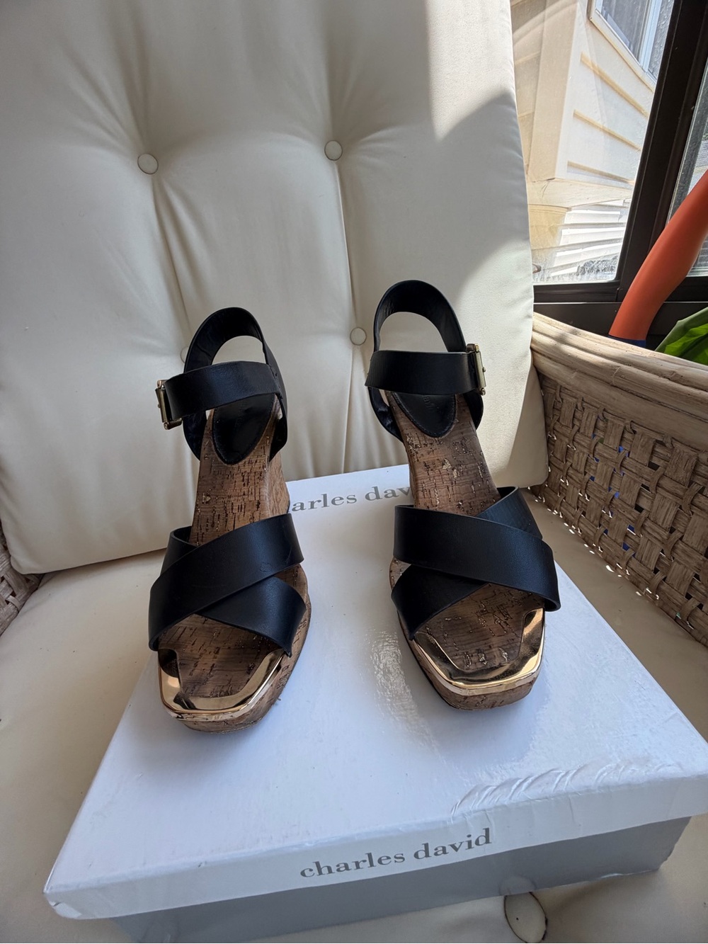 Charles David Black Cork Wedge Sandals with Gold Accent